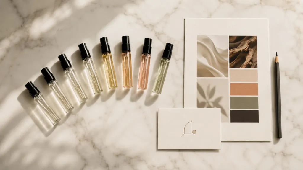 Amostras de fragrância e elementos de identidade visual sobre mármore branco durante processo de desenvolvimento de assinatura olfativa