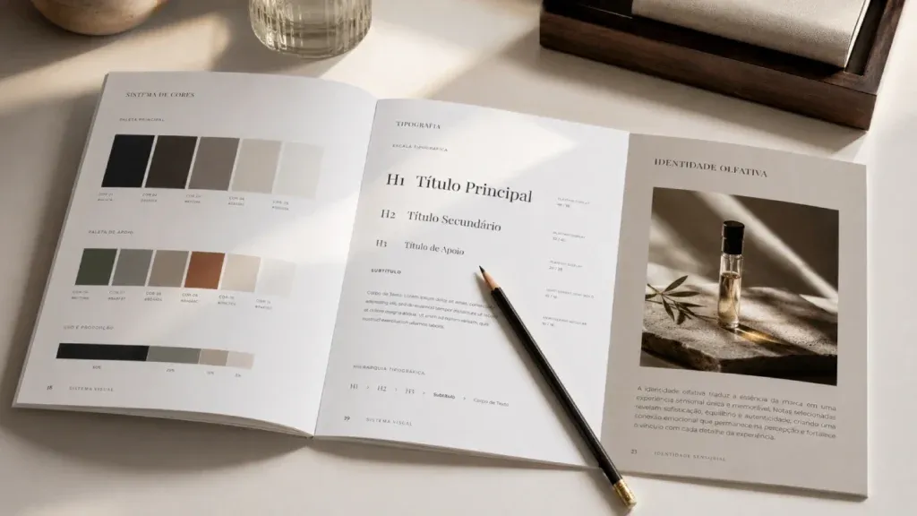 Manual de marca aberto com seção dedicada à identidade olfativa, mostrando fragrância como elemento documentado do sistema de branding