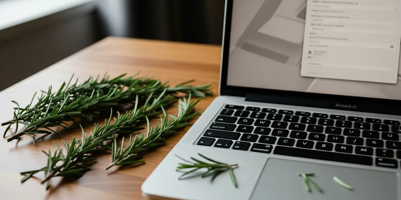 Folhas de alecrim ao lado de laptop simbolizando concentração