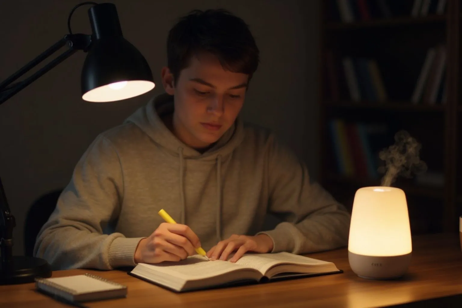 Estudante usando fragrância de alecrim para melhorar concentração.