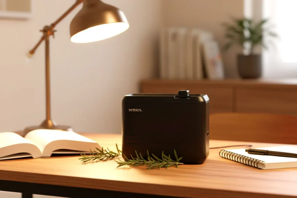 Difusor de fragrâncias com blend de alecrim em escritório criativo