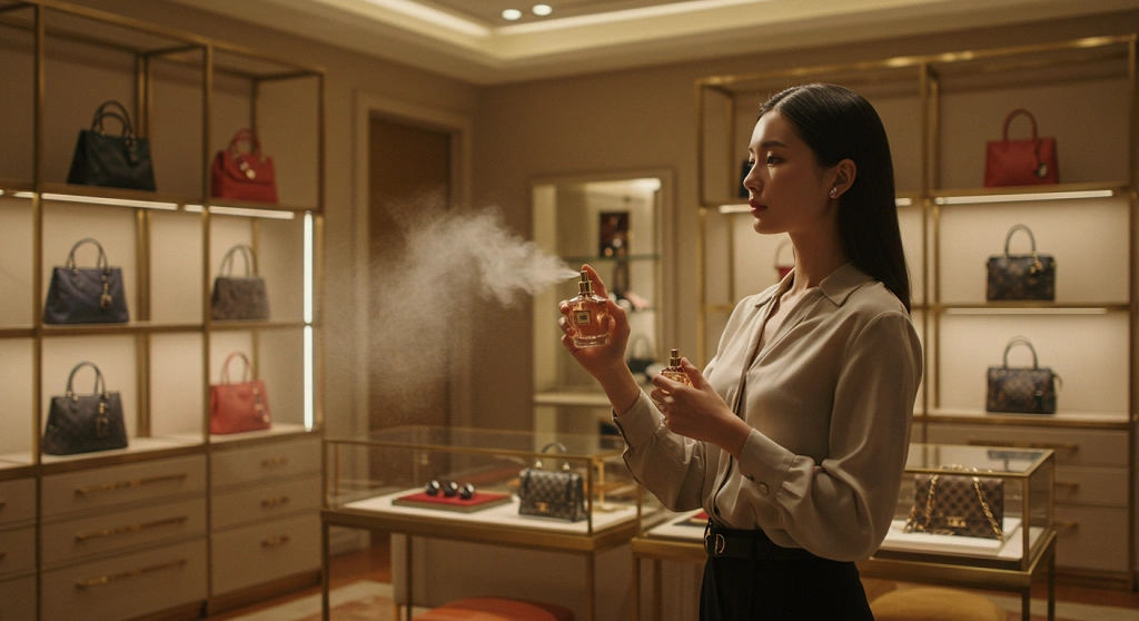 Mulher borrifando perfume comercial de luxo em loja de bolsas