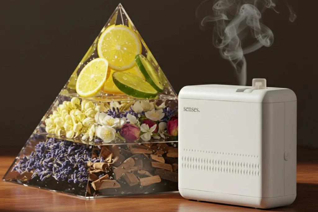 Alt: Ilustração da Pirâmide olfativa aplicada à aromatização de ambientes corporativos