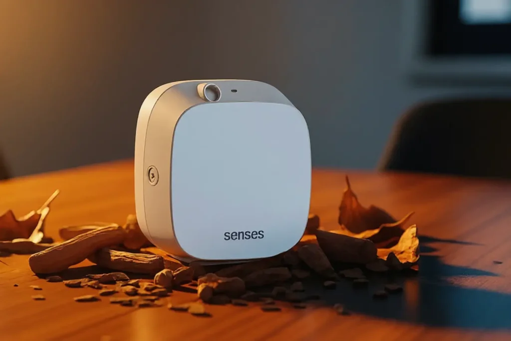 aromatizador senses, pedaços de sândalo sobre a mesa, em ambiente corporativo iluminado por luz âmbar.