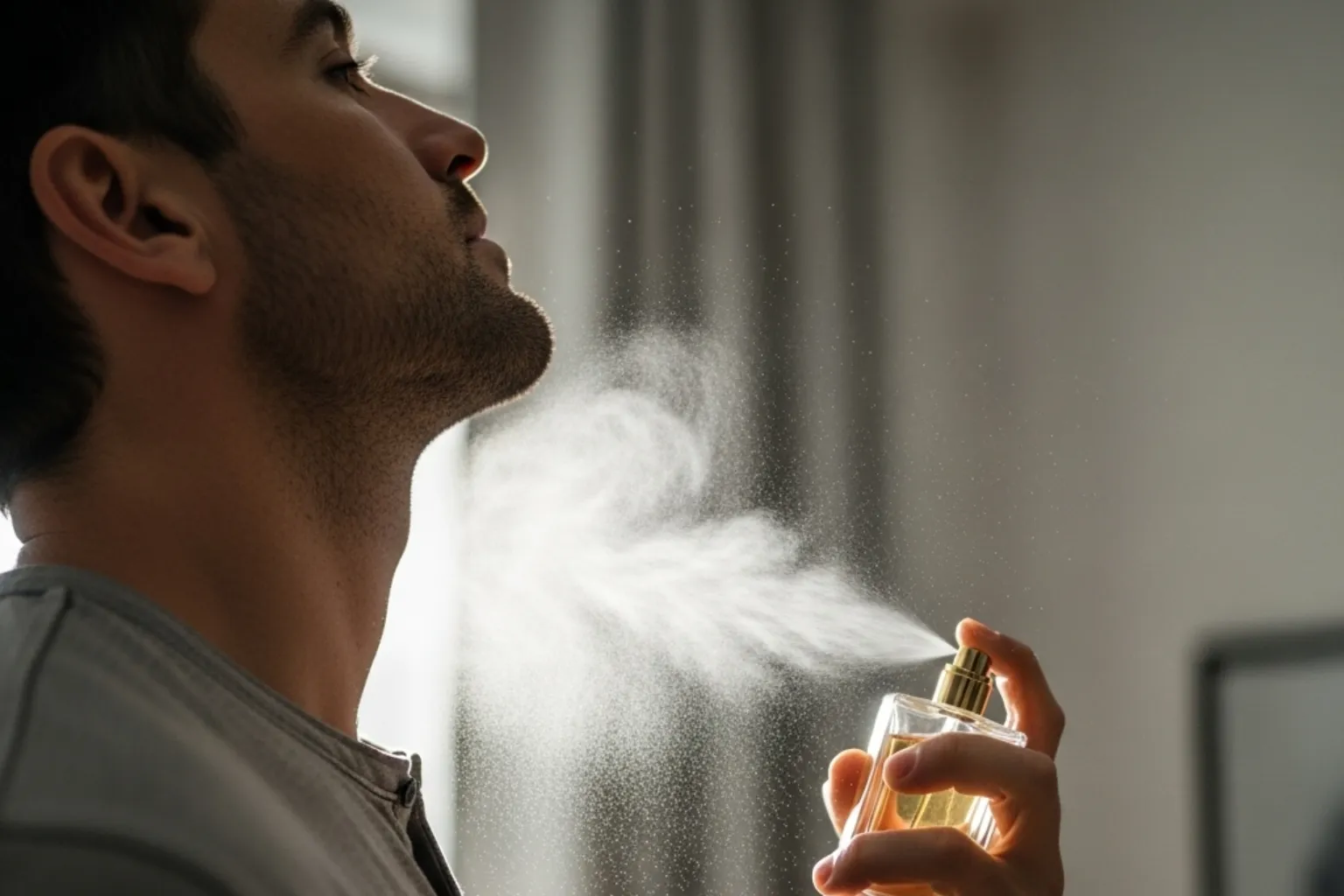 Foto de um homem esborrifando perfume nele mesmo 