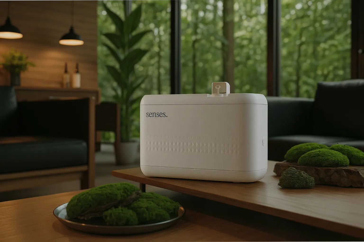 Escritório elegante com difusor de fragrâncias e elementos naturais de musgo de carvalho.