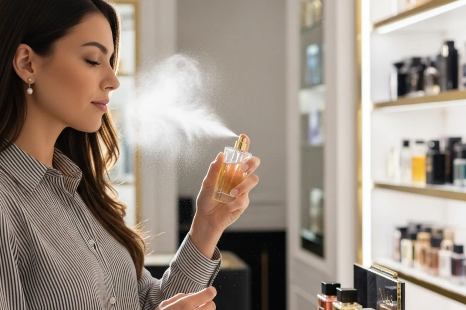 Cliente experimentando fragrâncias em loja de luxo