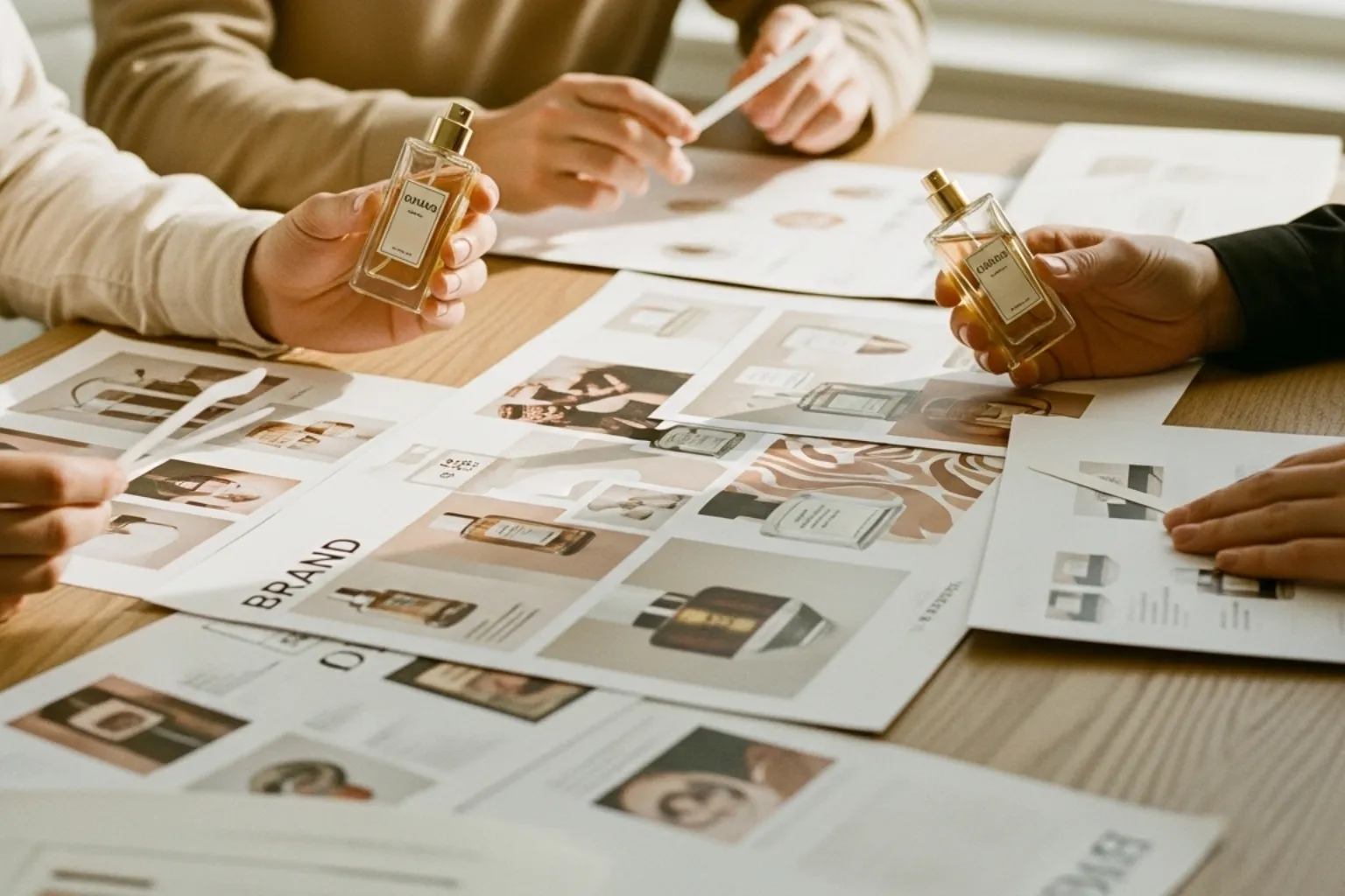 Equipe analisando materiais de branding olfativo e fragrâncias corporativas.