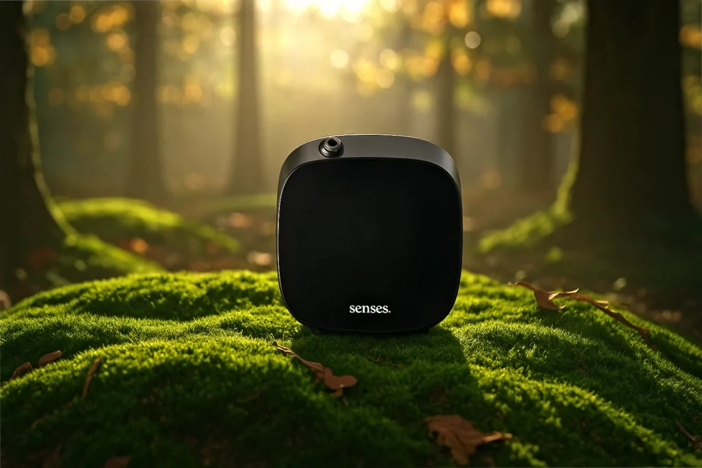 Difusor de fragrâncias sobre musgo de carvalho em floresta, representando elegância e natureza.