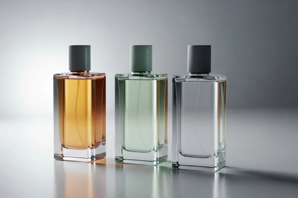 Perfumes de 2025 em frascos minimalistas representando tendências olfativas