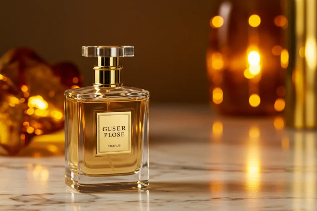 Frasco de fragrância sofisticada inspirado no âmbar em fundo dourado.