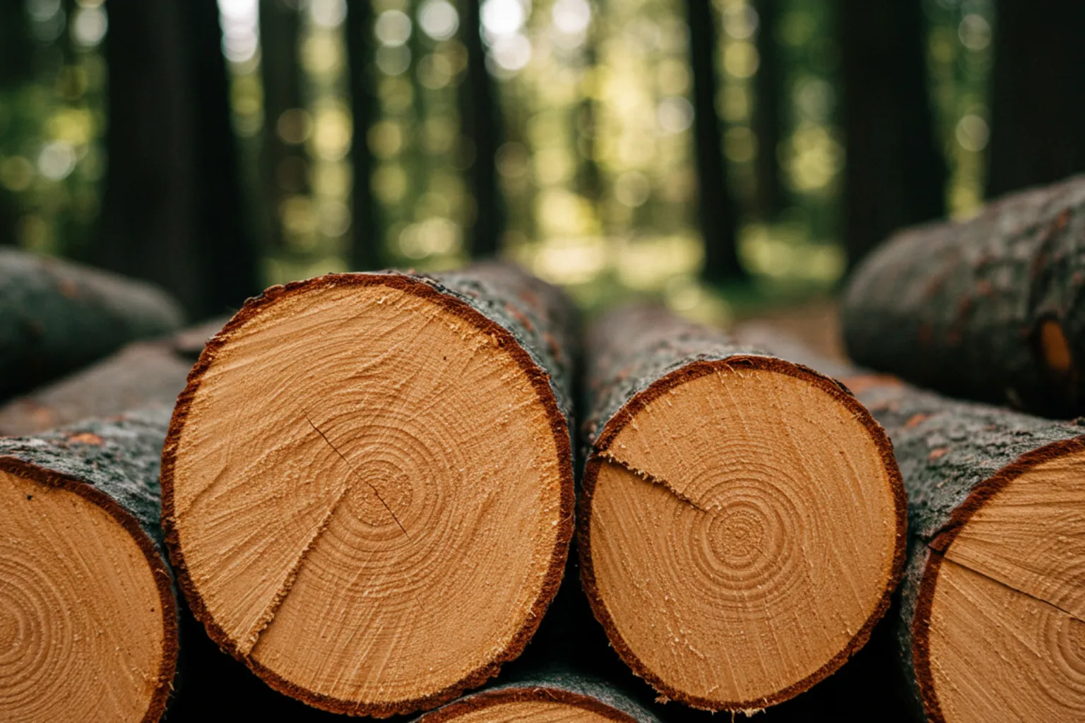 Tronco e pedaços de madeira de sândalo em corte transversal