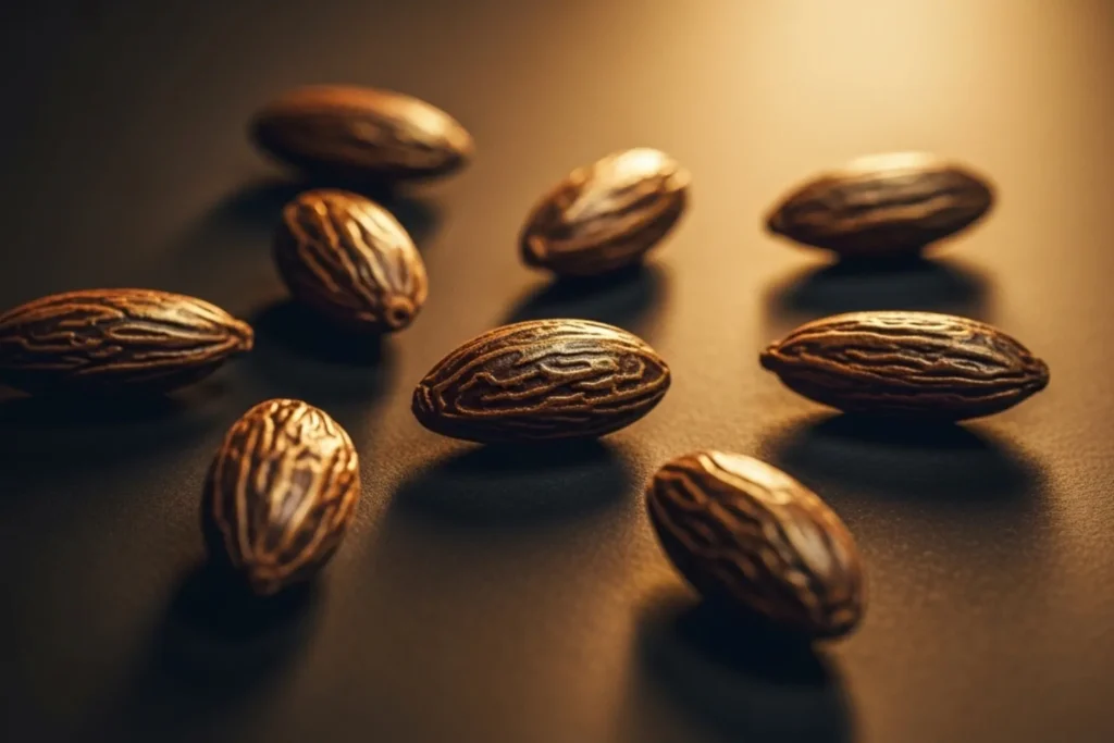 Sementes de Fava Tonka em close sobre superfície escura com iluminação quente, representando ingrediente de perfumaria de luxo.