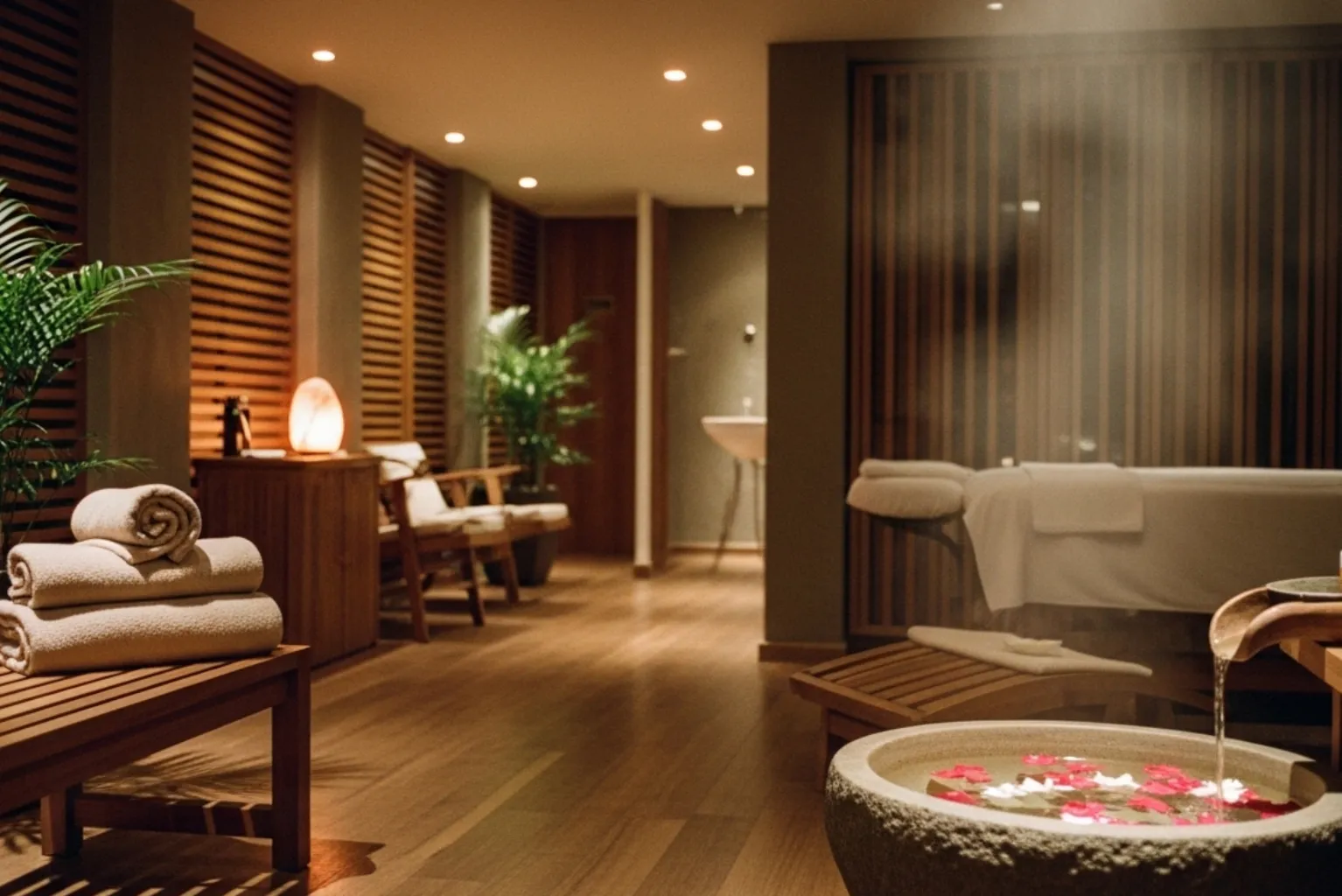 Ambiente de spa relaxante representando o efeito calmante da Fava Tonka