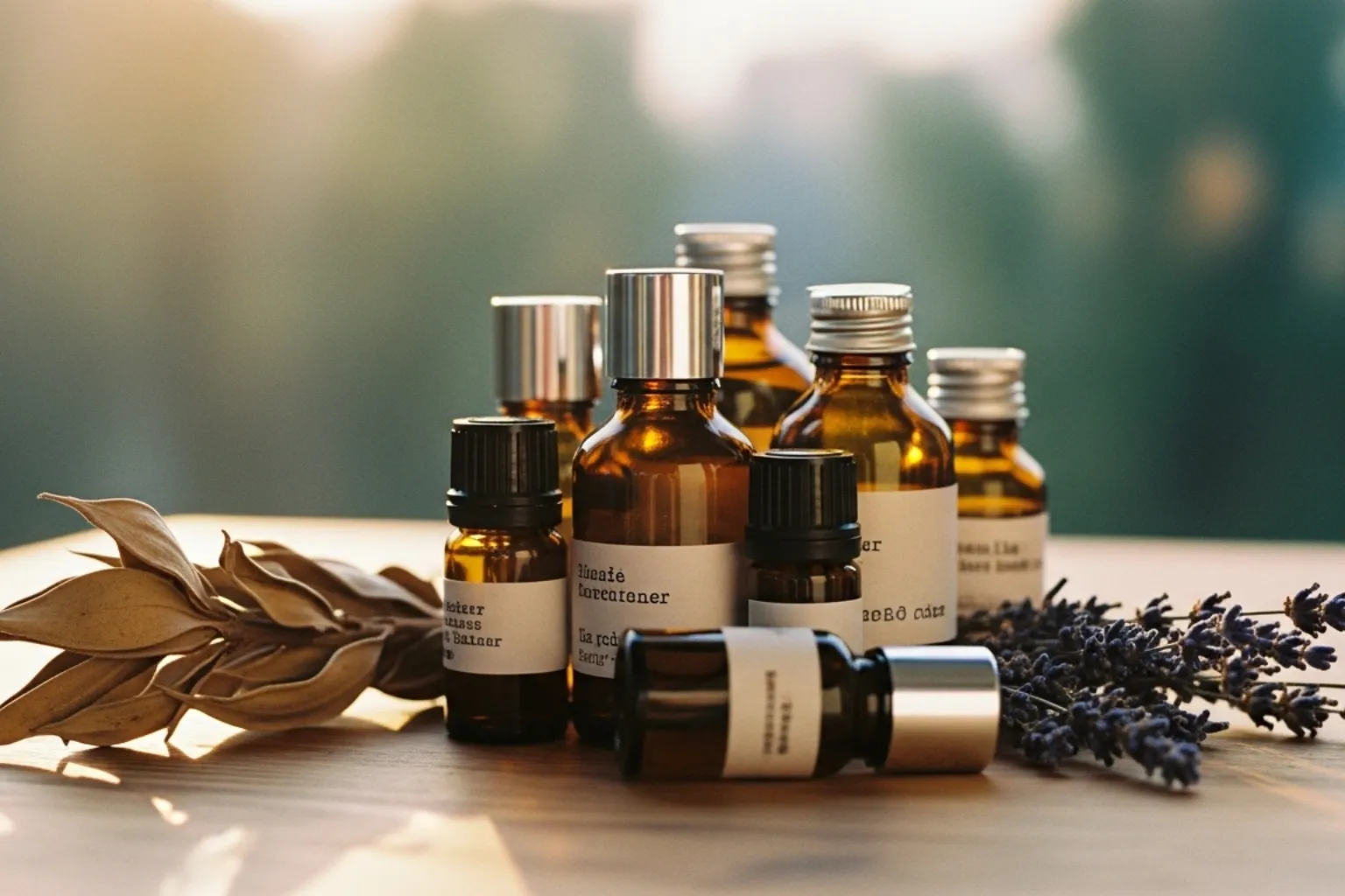 Frascos de óleos essenciais de vetiver, lavanda e bergamota usados em blends relaxantes e sofisticados.