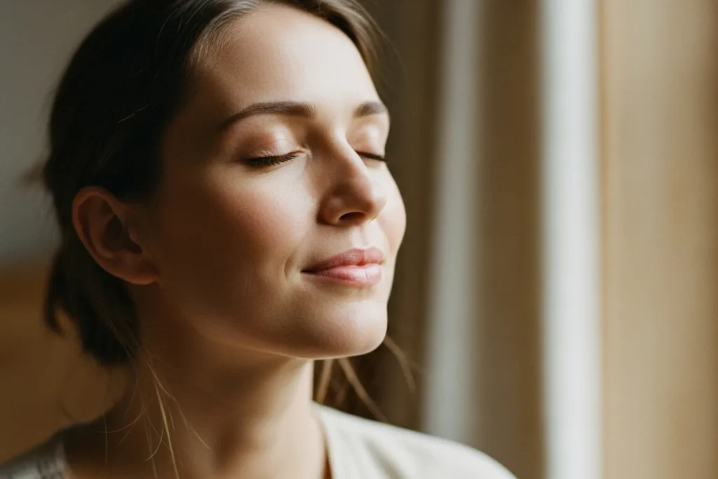 Mulher relaxando enquanto inspira um cheiro calmante em ambiente natural.