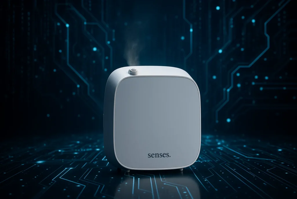 Difusor de aromatização profissional da Senses sobre superfície refletiva, com fundo tecnológico azul e circuitos luminosos simbolizando inovação e inteligência artificial aplicada à aromatização.