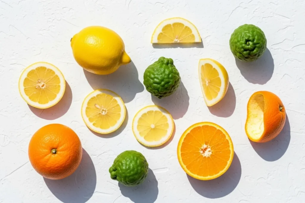 Flat lay minimalista com limão, bergamota e laranja dispostos sobre fundo branco.