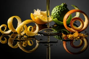 Composição artística com gotas de essências cítricas, raspas de limão, bergamota e laranja em superfície escura.