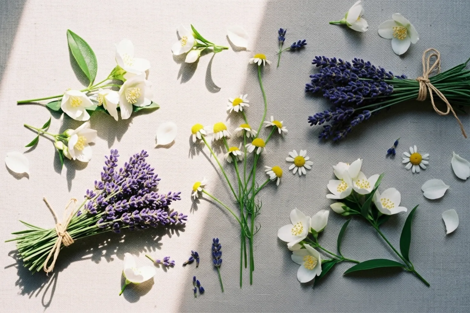 Flores de lavanda, camomila e jasmim dispostas em composição natural e elegante.