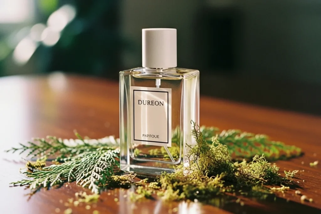 frasco de perfume sobre madeira com musgo de carvalho e cedro, representando notas amadeiradas