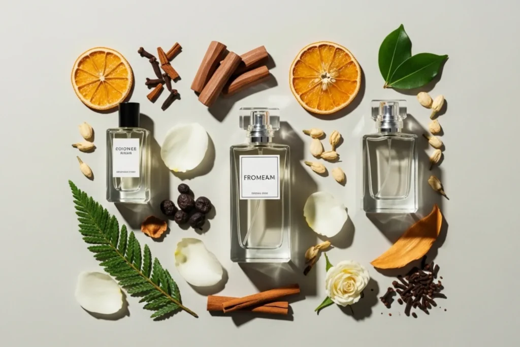 Frascos de perfume com ingredientes naturais representando diferentes notas olfativas sobre fundo neutro