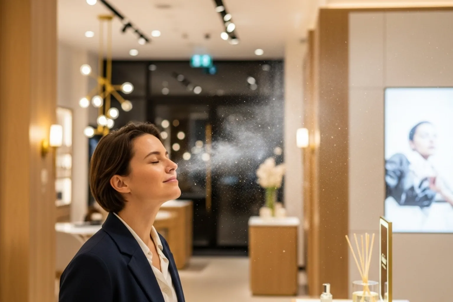 Pessoa sentindo o cheiro agradável em uma loja aromatizada com difusores profissionais.