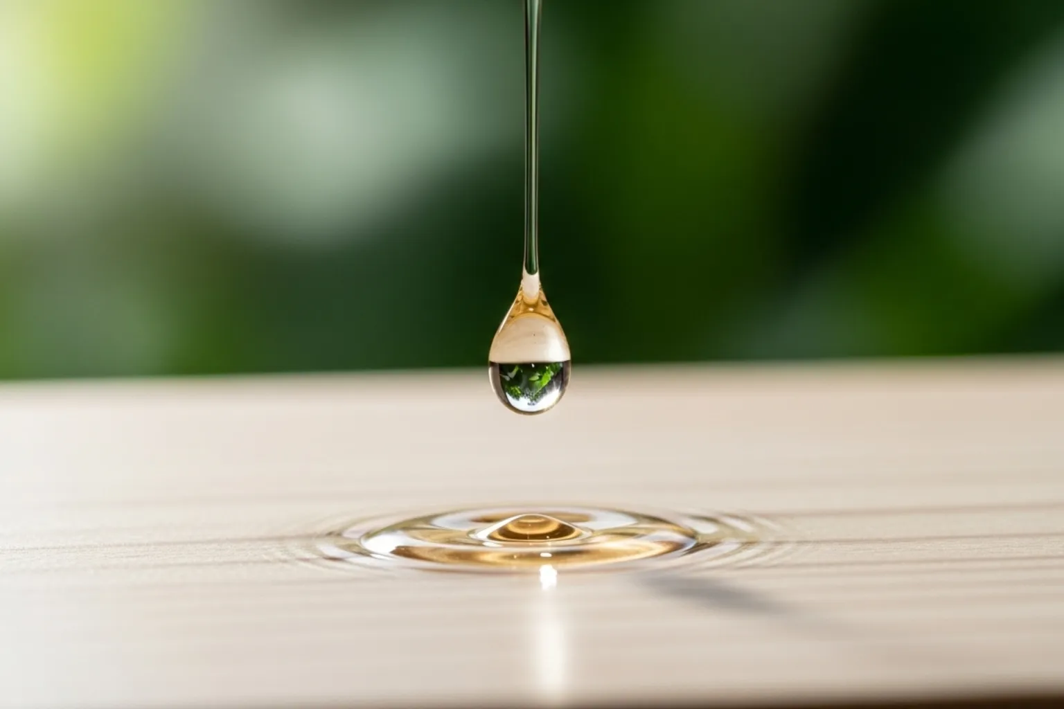 Gota de essência sobre madeira clara representando fragrâncias sustentáveis