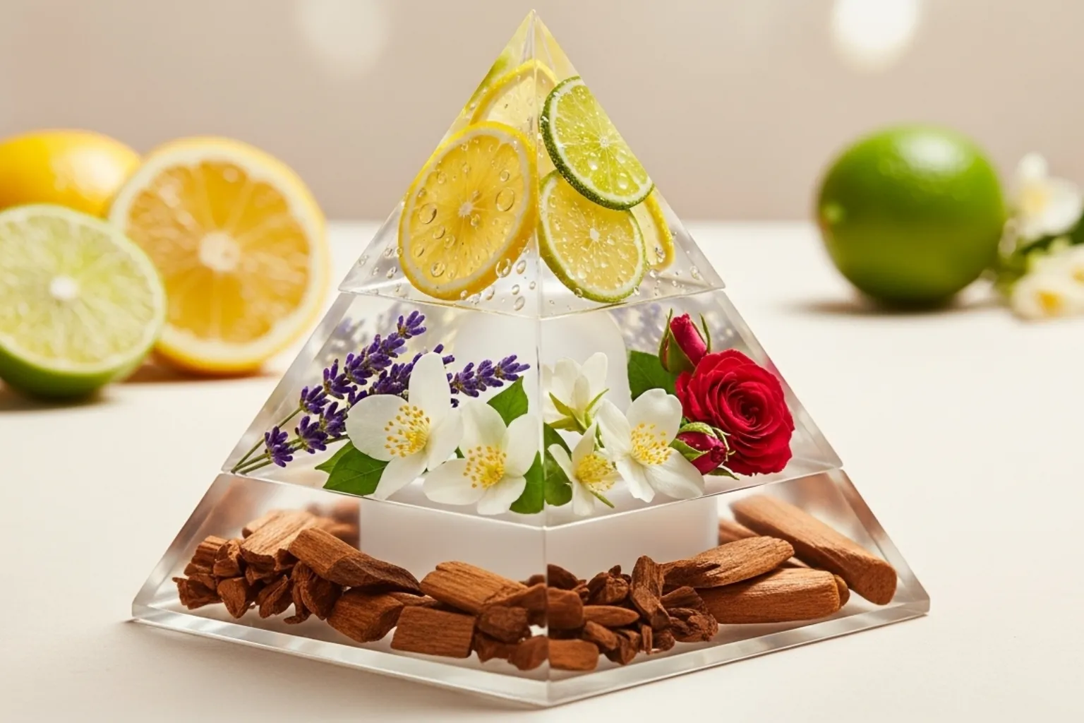 Ilustração minimalista do triângulo olfativo mostrando notas de topo, corpo e base