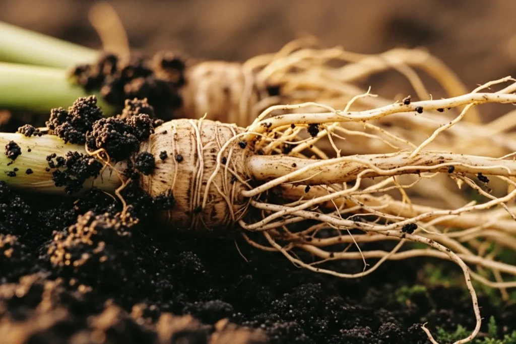 Raízes de vetiver frescas em solo úmido, simbolizando o cheiro terroso e sofisticado dessa fragrância natural.
