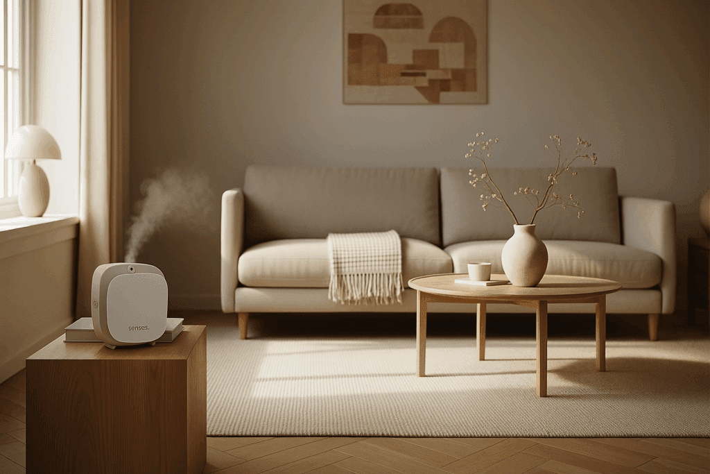 Difusor profissional emitindo cheiro minimalista em ambiente clean