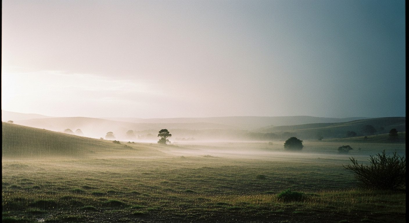 Cena atmosférica de chuva suave em uma paisagem calma, transmitindo a sensação emocional do cheiro de chuva.