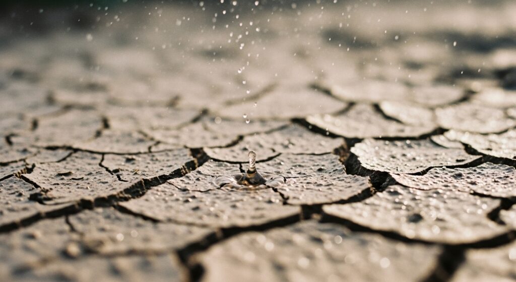 Cheiro de chuva em detalhe com gotas caindo sobre o solo seco, representando o momento em que o petrichor é liberado.