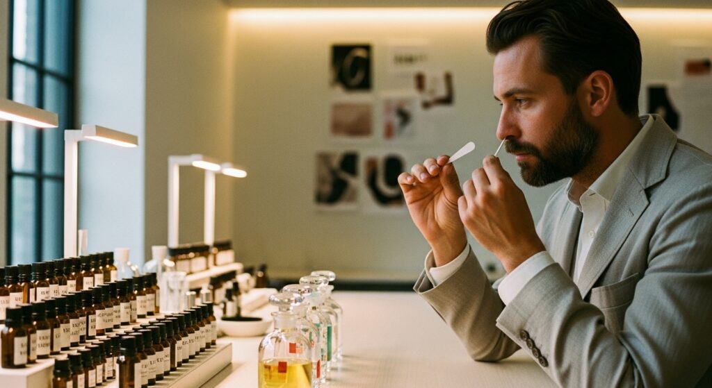 Perfumista avaliando tiras olfativas em laboratório moderno durante a criação de fragrância exclusiva.