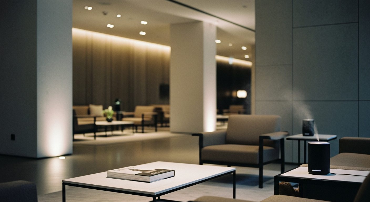 Lobby de hotel minimalista com atmosfera sensorial leve