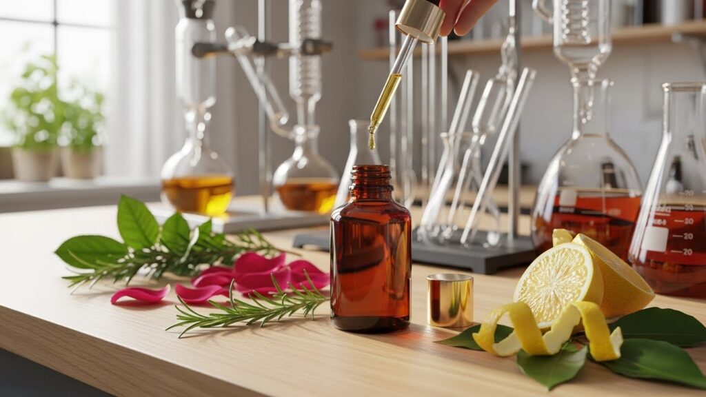 Ilustração do processo de extração de matérias primas para a perfumaria, como cítricos e alecrim.