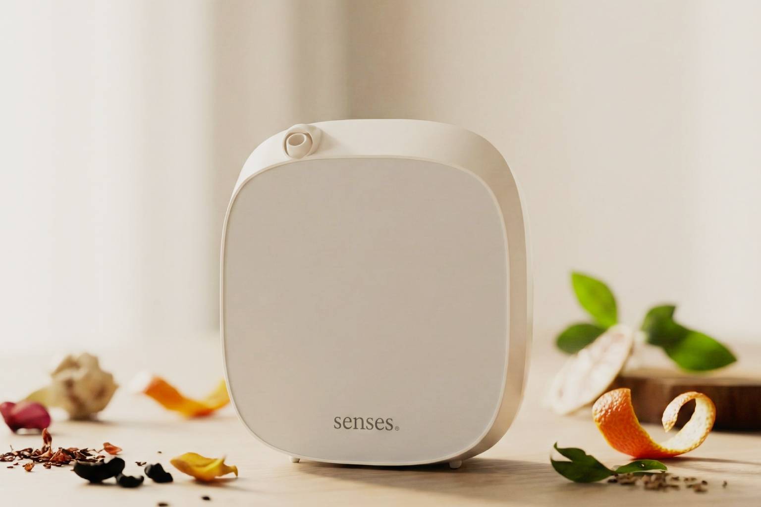 Difusor de ambiente premium em close realista com vapor sutil e matérias-primas naturais desfocadas ao fundo.