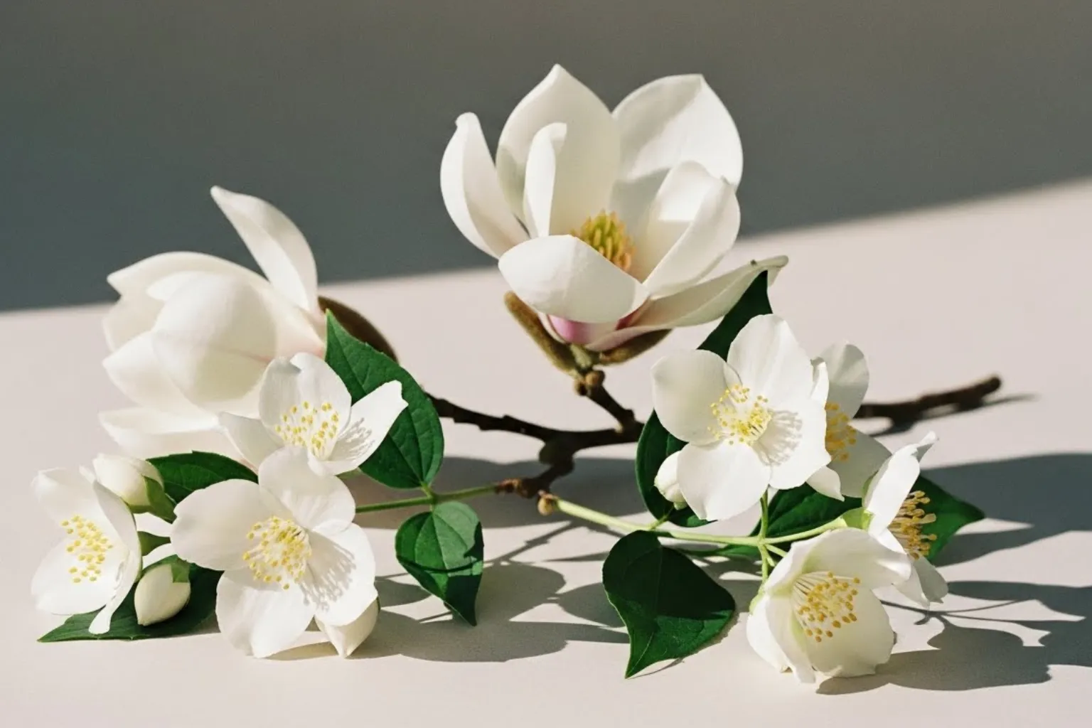 Arranjo de flores brancas em ambiente clean combinando com Cloud Dancer.