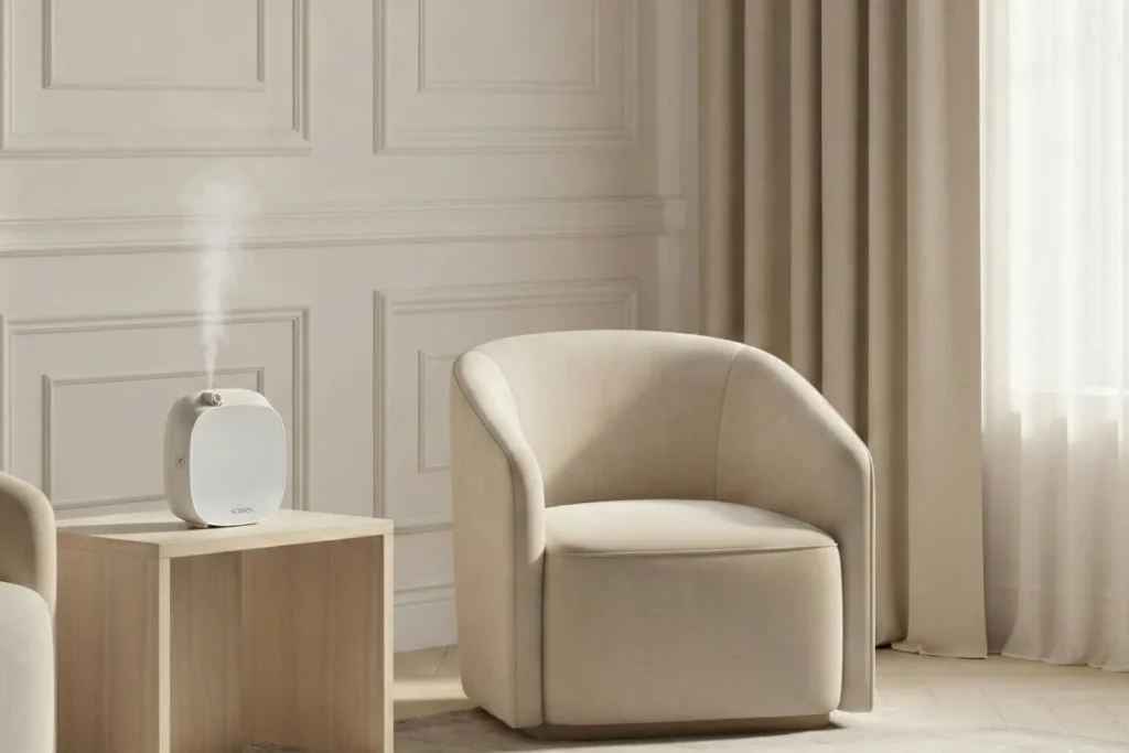 Interior minimalista inspirado na Pantone Cloud Dancer com difusor de cheiro profissional.