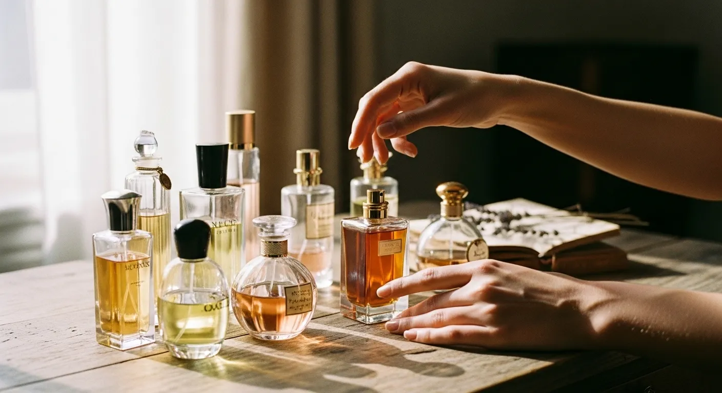 Foto de mãos escolhendo perfumes sobre uma mesa.