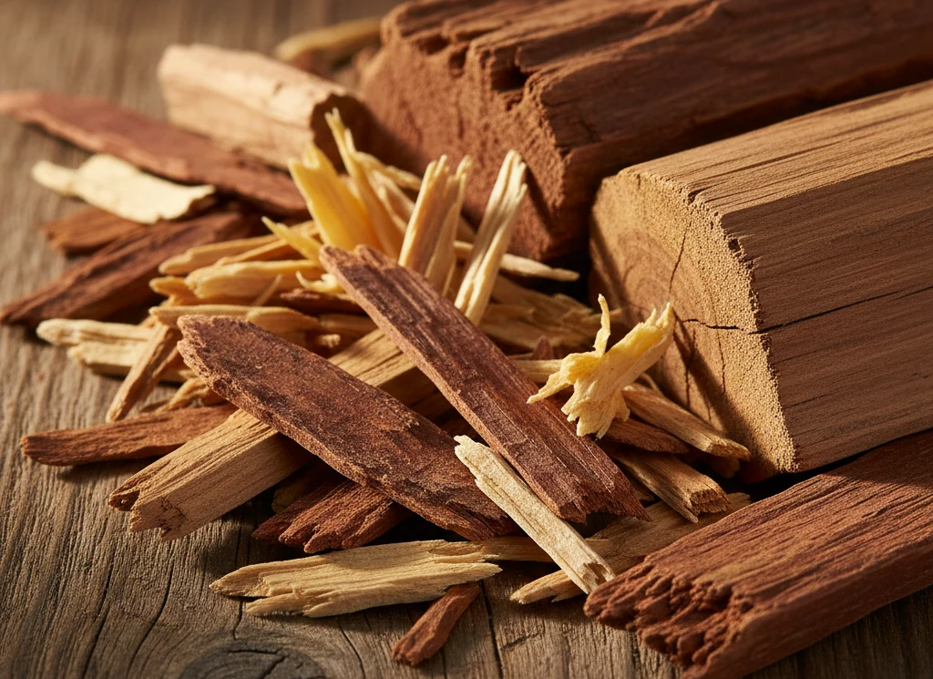 Lascas de cedro e sândalo representando fragrância amadeirada sofisticada.
