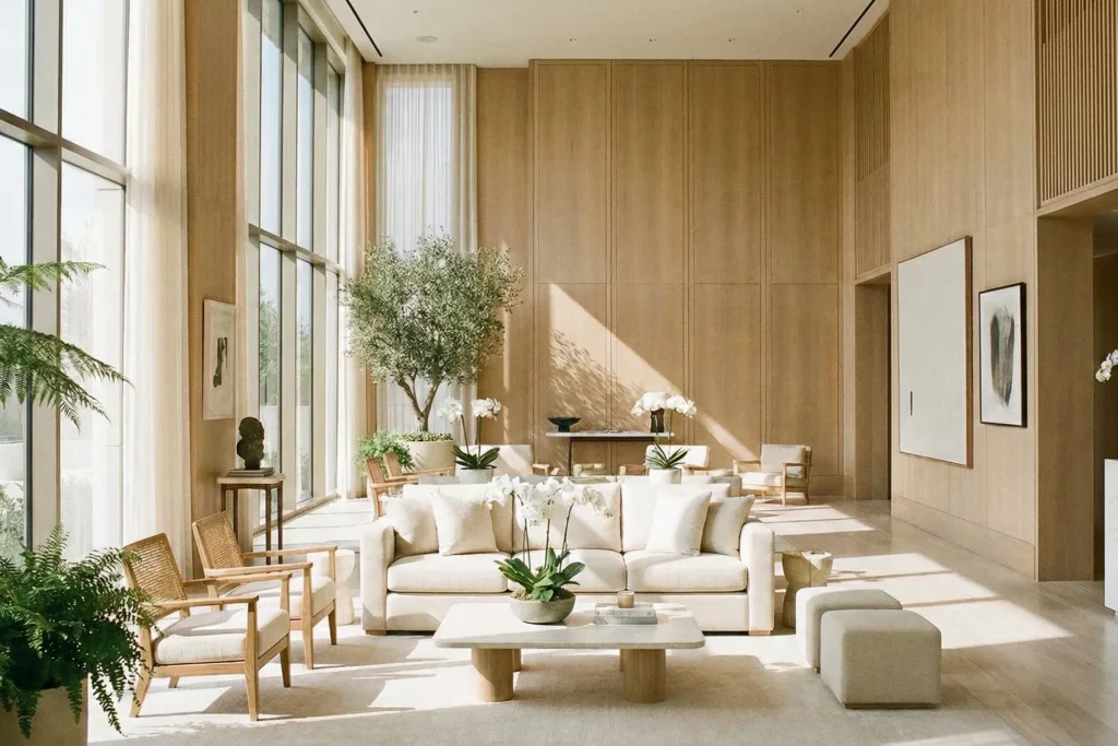 Lobby sofisticado com atmosfera limpa e confortável associada ao cheiro de chá branco.