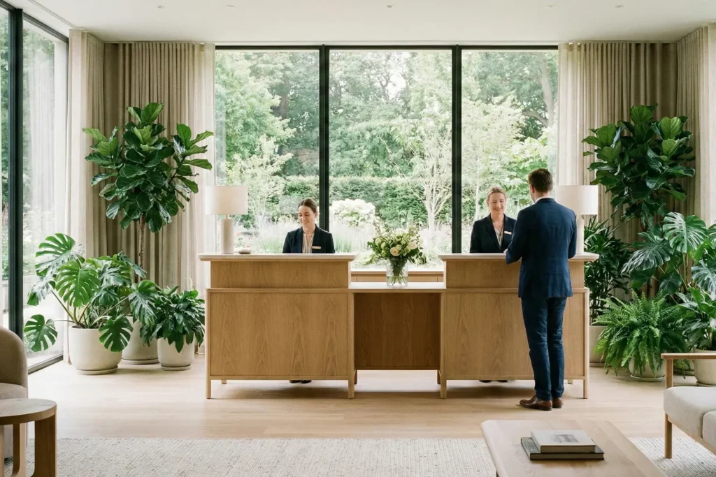 Recepção elegante com atmosfera limpa e sofisticada associada a cheiros que transmitem confiança.