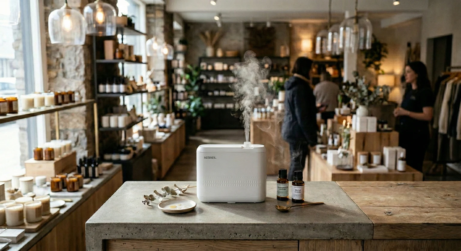 Difusor de fragrância profissional em ambiente de varejo com notas de fundo presentes na atmosfera