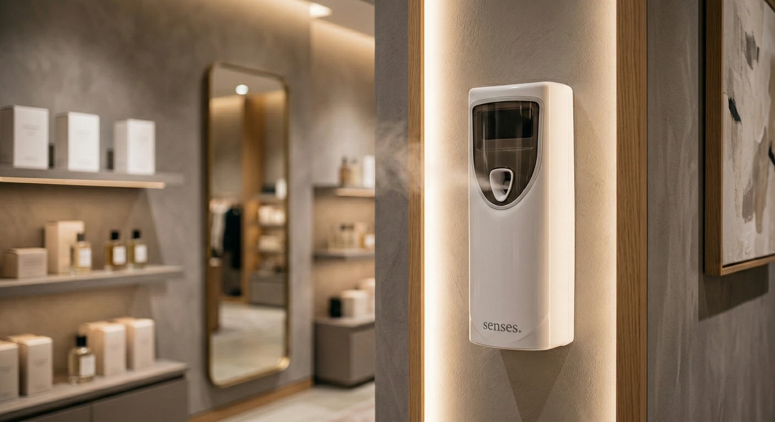 Difusor de fragrância profissional instalado em ambiente comercial, parte de uma estratégia de aromatização.