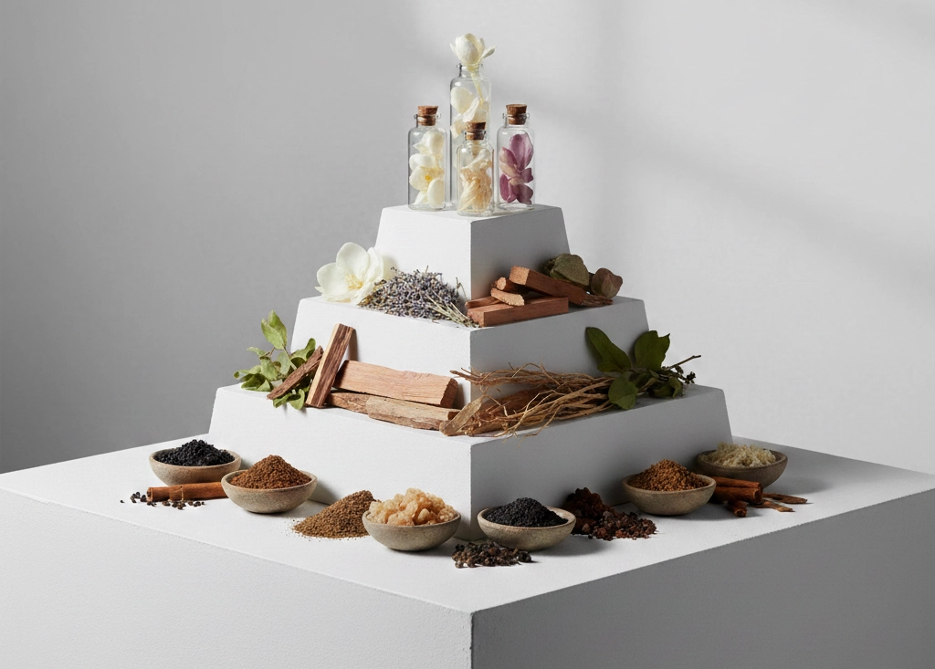 Representação visual da pirâmide olfativa com notas de topo, corpo e base.