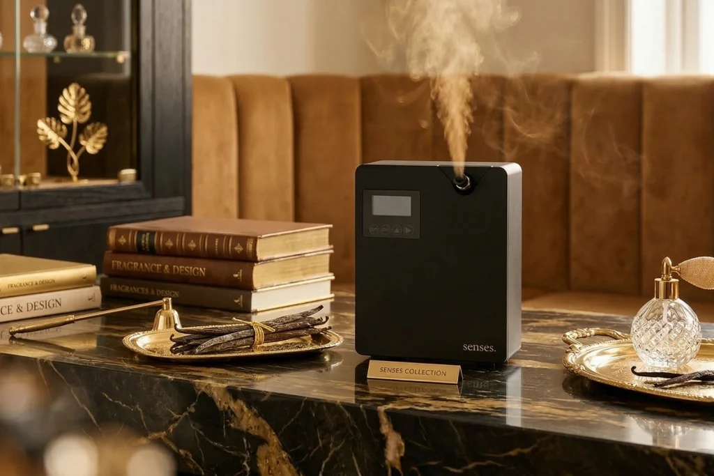 Difusor profissional com fragrância de âmbar em ambiente comercial sofisticado