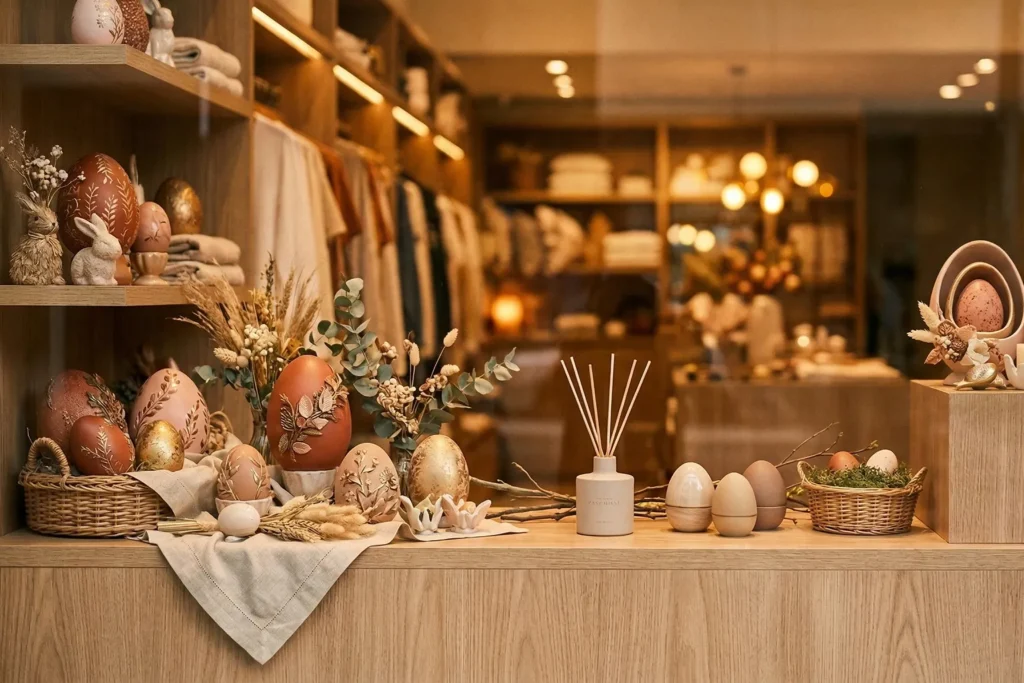 Vitrine de loja decorada para Páscoa com atmosfera sensorial sofisticada e difusor de fragrância ambiente