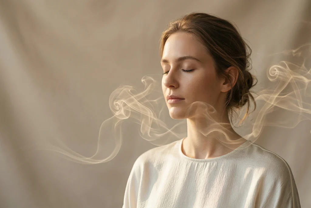 Mulher com expressão introspectiva evocando memória olfativa, representando a neurociência das fragrâncias