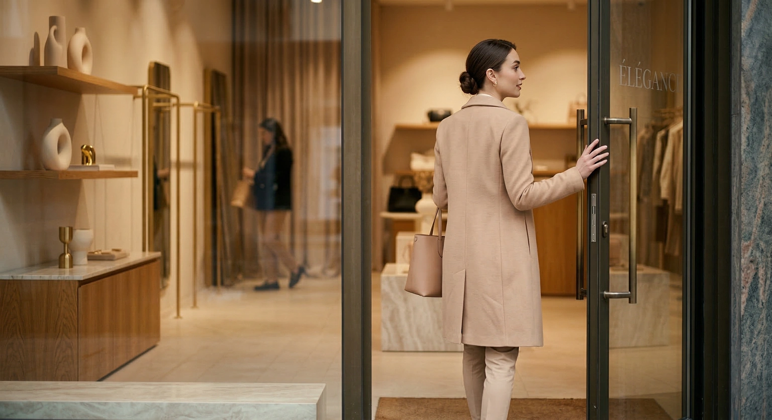 Mulher empurrando a porta de vidro para entrar em uma loja premium, representando o momento da primeira impressão do ambiente aromatizado